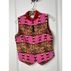 Tapp New York Womens Vintage Pink Asian Print 100% Silk Tassel Zip Front Vest M